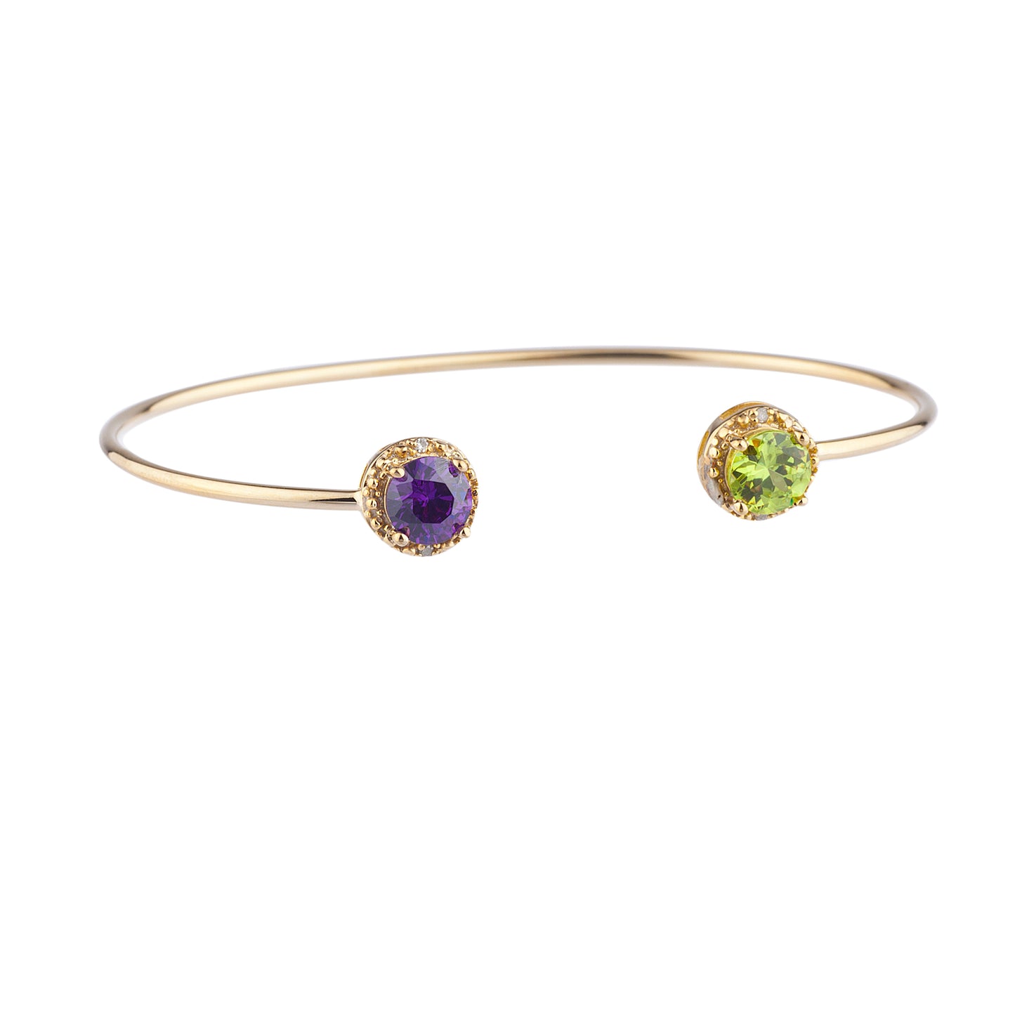 14Kt Gold Amethyst & Peridot Diamond Round Bangle Bracelet