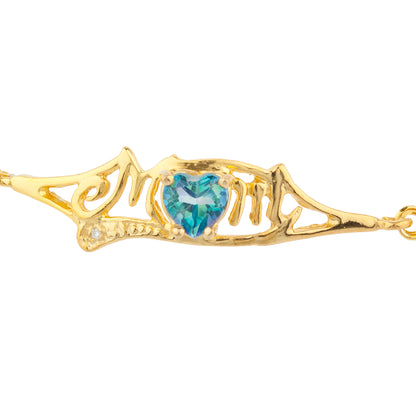 Natural Blue Mystic Topaz & Diamond Heart Mom Bracelet 14Kt Yellow Gold Plated Over .925 Sterling Silver