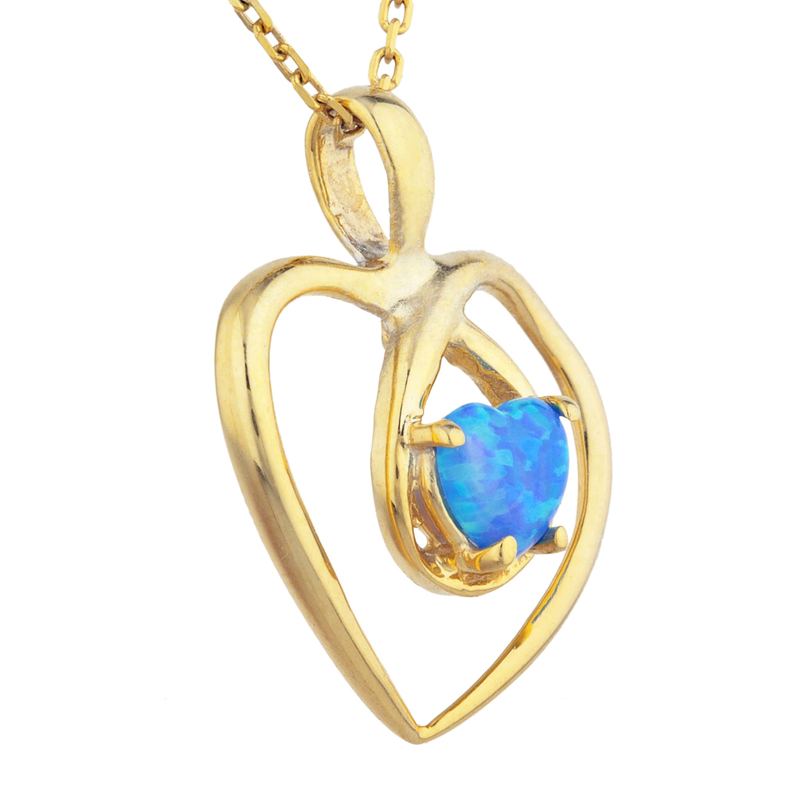 14Kt Gold Blue Opal Heart Design Pendant Necklace