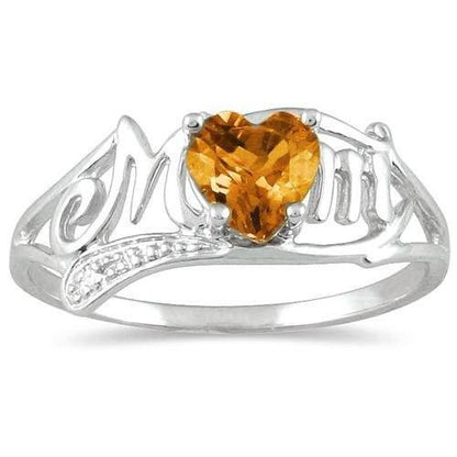 .50 Ct Citrine Heart & Diamond Mom Ring .925 Sterling Silver Rhodium Finish