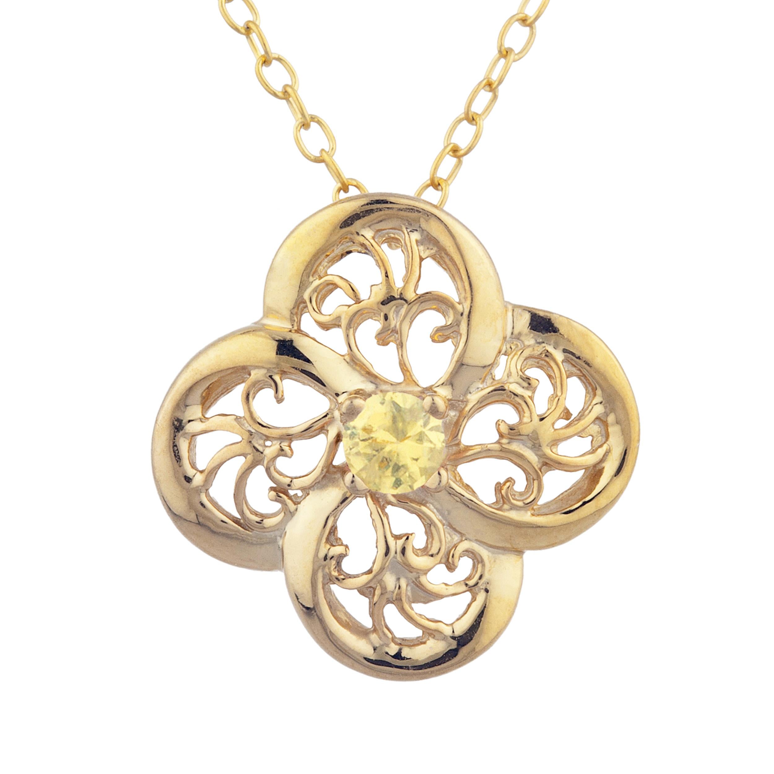 14Kt Gold Yellow Citrine Clover Design Pendant Necklace