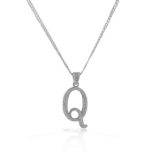 Letter Q Cursive Initial CZ Pendant .925 Sterling Silver