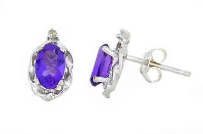 1 Ct Amethyst & Diamond Oval Stud Earrings .925 Sterling Silver