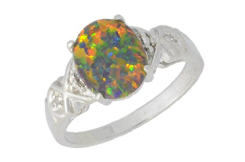 10x8mm Black Opal & Diamond Oval Ring .925 Sterling Silver Rhodium Finish