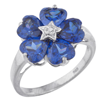 14Kt Gold Blue Sapphire & Diamond Heart Flower Design Ring