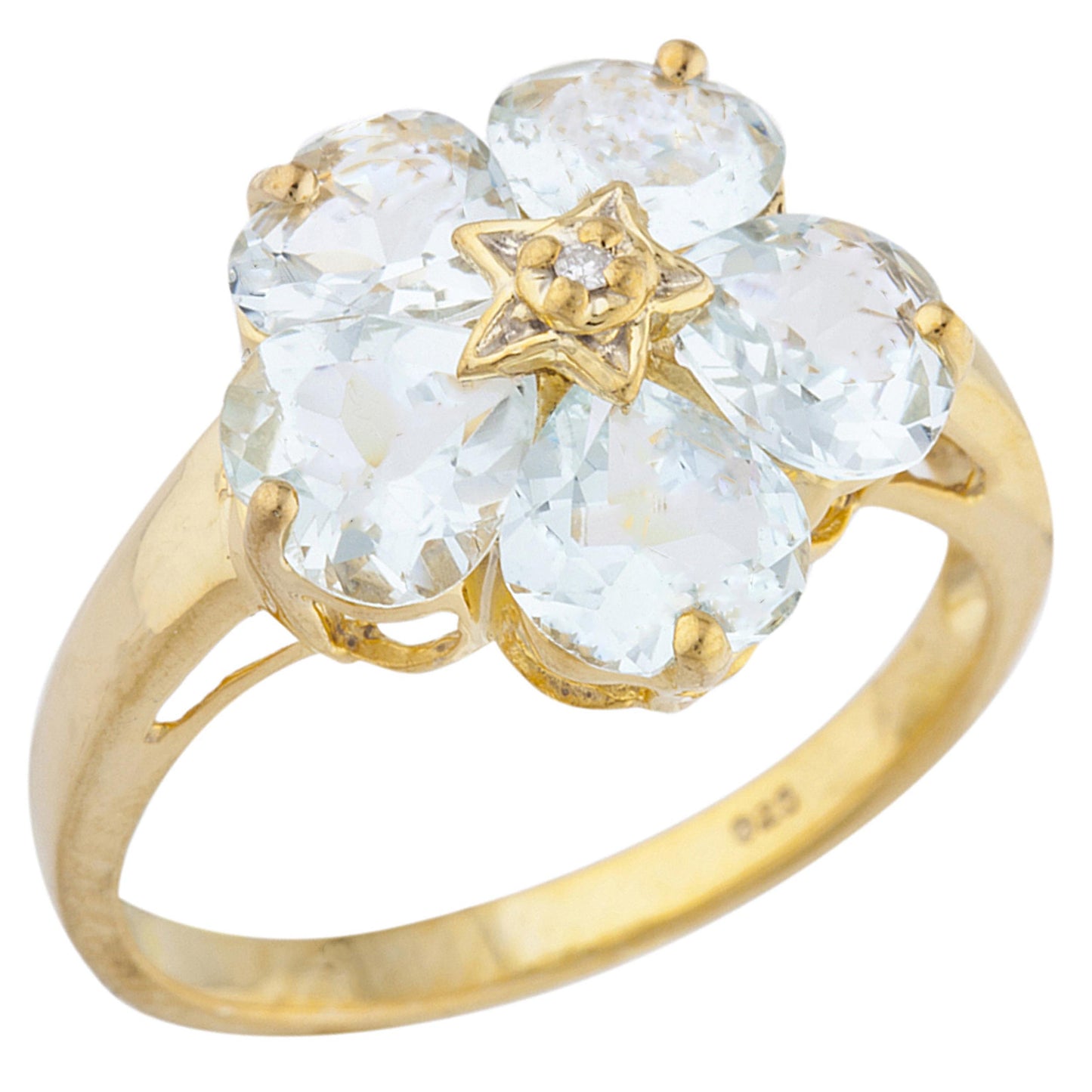 14Kt Gold Genuine Aquamarine & Diamond Heart Flower Design Ring