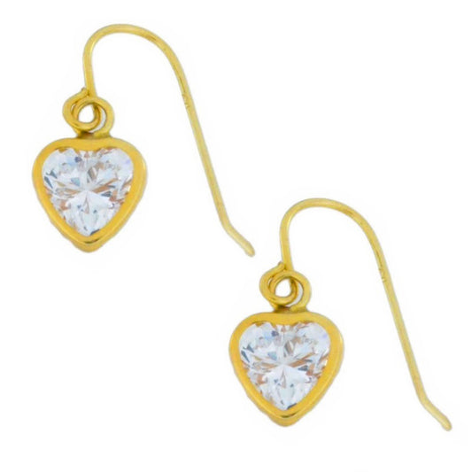 14Kt Yellow Gold Zirconia Heart Bezel Dangle Earrings
