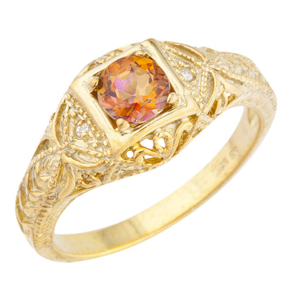 14Kt Gold Natural Ecstasy Mystic Topaz & Diamond Design Round Ring