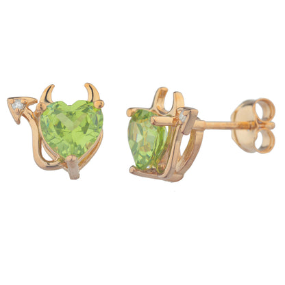 14Kt Gold Peridot & Diamond Devil Heart Stud Earrings