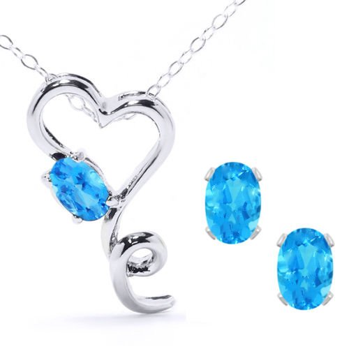 2.5 Ct Blue Topaz Oval Heart Stud Earrings & Pendant .925 Sterling Silver Rho...