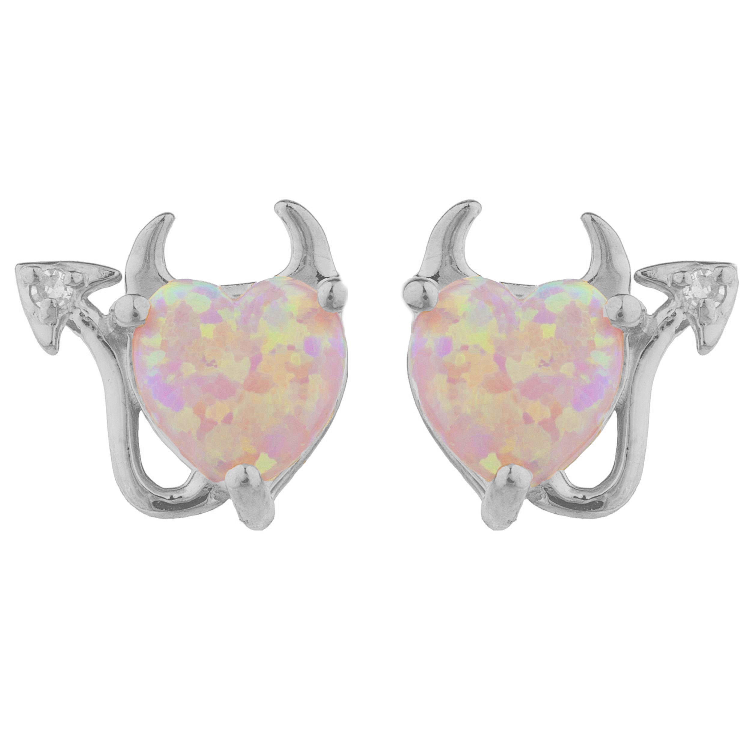 14Kt Gold Pink Opal & Diamond Devil Heart Stud Earrings