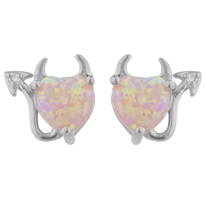 14Kt Gold Pink Opal & Diamond Devil Heart Stud Earrings