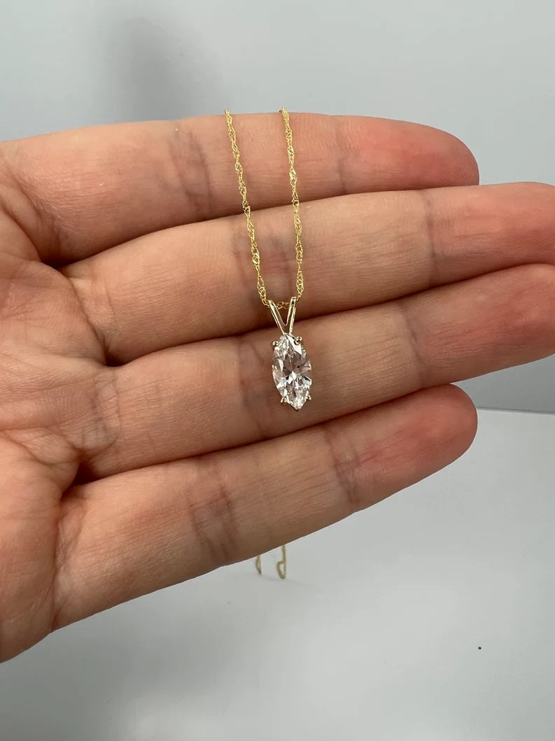 14Kt Gold White Sapphire Marquise Pendant Necklace