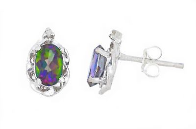 1 Ct Genuine Mystic Topaz & Diamond Oval Stud Earrings .925 Sterling Silver