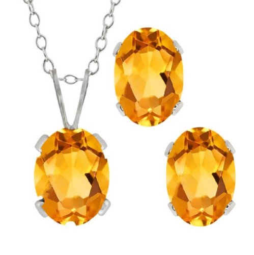 3 Ct Yellow Citrine Oval Stud Earrings & Pendant .925 Sterling Silver Rhodium...