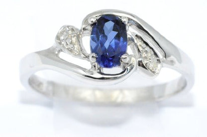 0.50 Ct Created Blue Sapphire & Diamond Oval Ring .925 Sterling Silver Rhodium Finish