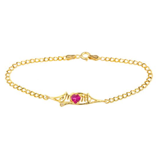 Created Ruby & Diamond Heart Mom Bracelet 14Kt Yellow Gold Plated Over .925 Sterling Silver