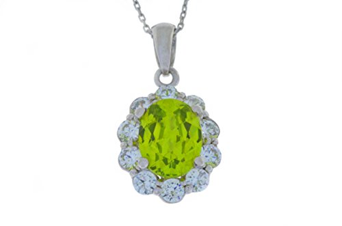 4 Ct Peridot & White Topaz Oval Pendant .925 Sterling Silver Rhodium Finish