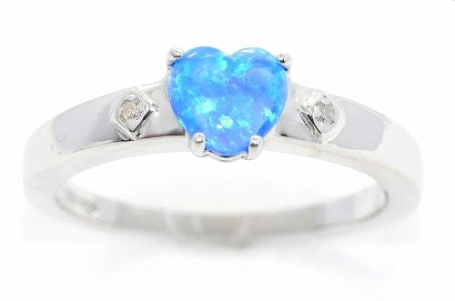 6mm Blue Opal & Diamond Heart Ring .925 Sterling Silver Rhodium Finish