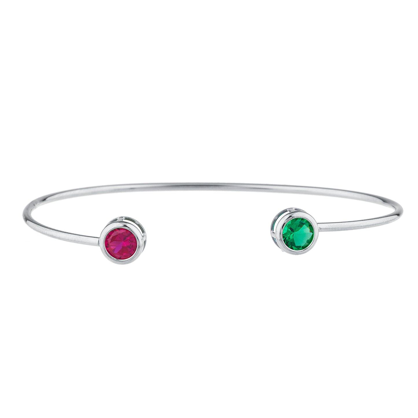 Created Ruby & Emerald Round Bezel Bangle Bracelet .925 Sterling Silver