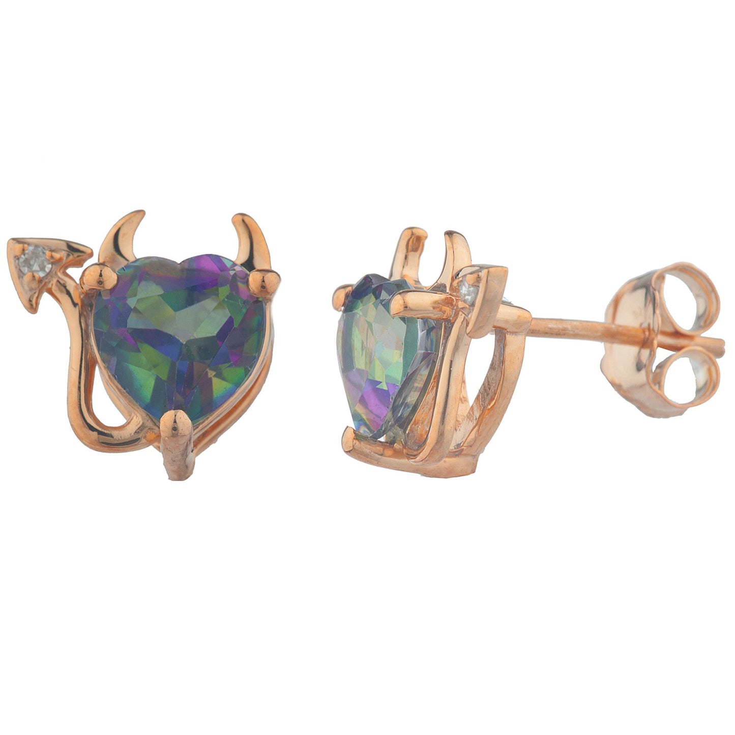 14Kt Gold Natural Mystic Topaz & Diamond Devil Heart Stud Earrings