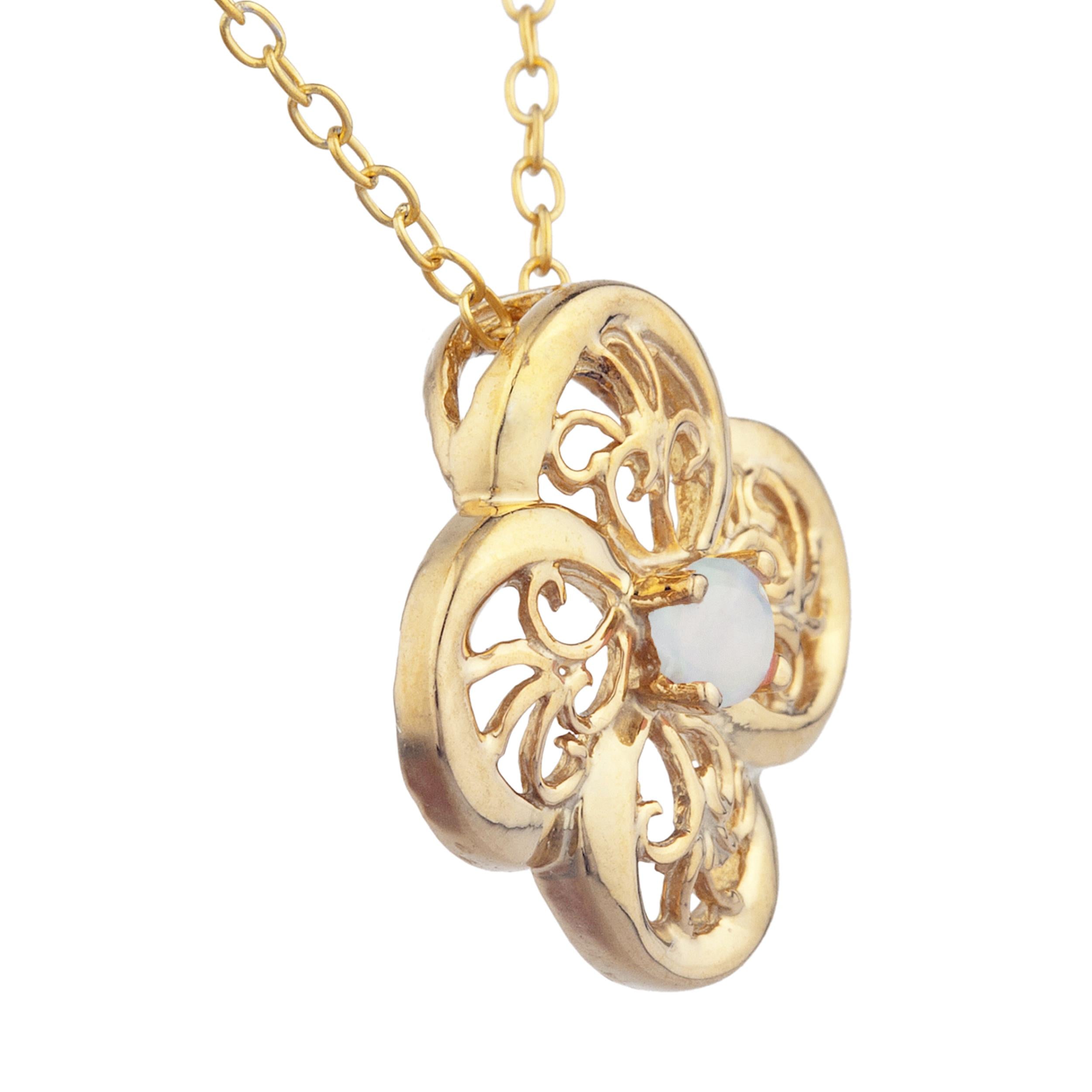 14Kt Gold Genuine Opal Clover Design Pendant Necklace
