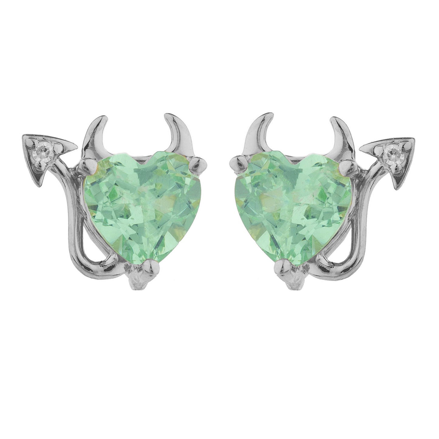 14Kt Gold Green Sapphire & Diamond Devil Heart Stud Earrings