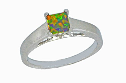 5mm Black Opal & Diamond Princess Cut Ring .925 Sterling Silver Rhodium Finish