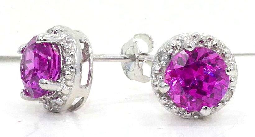 2 Ct Pink Sapphire & Diamond Round Stud Earrings .925 Sterling Silver