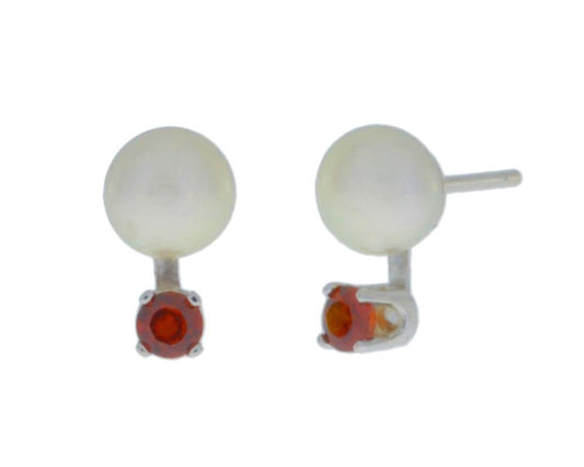 3mm Garnet & White Pearl Stud Earrings .925 Sterling Silver