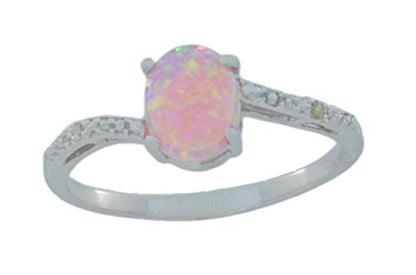 8x6mm Pink Opal & Diamond Oval Ring .925 Sterling Silver Rhodium Finish