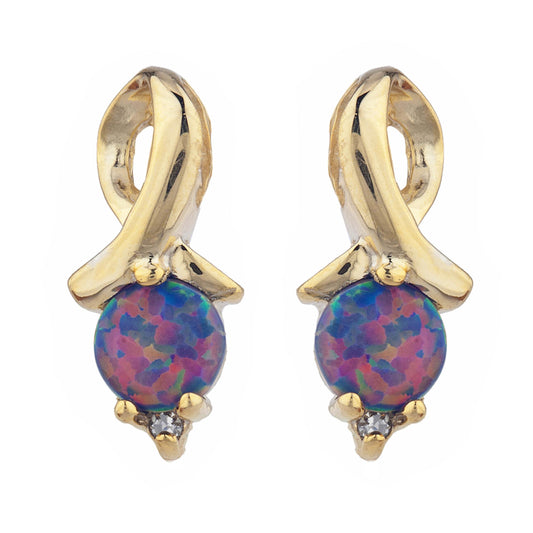 14Kt Gold Black Opal & Diamond Round Design Stud Earrings