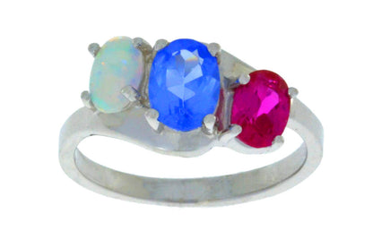 1.5 Ct Tanzanite Opal & Ruby Oval Ring .925 Sterling Silver Rhodium Finish