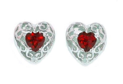 1 Ct Garnet Heart LOVE Diamond Stud Earrings .925 Sterling Silver