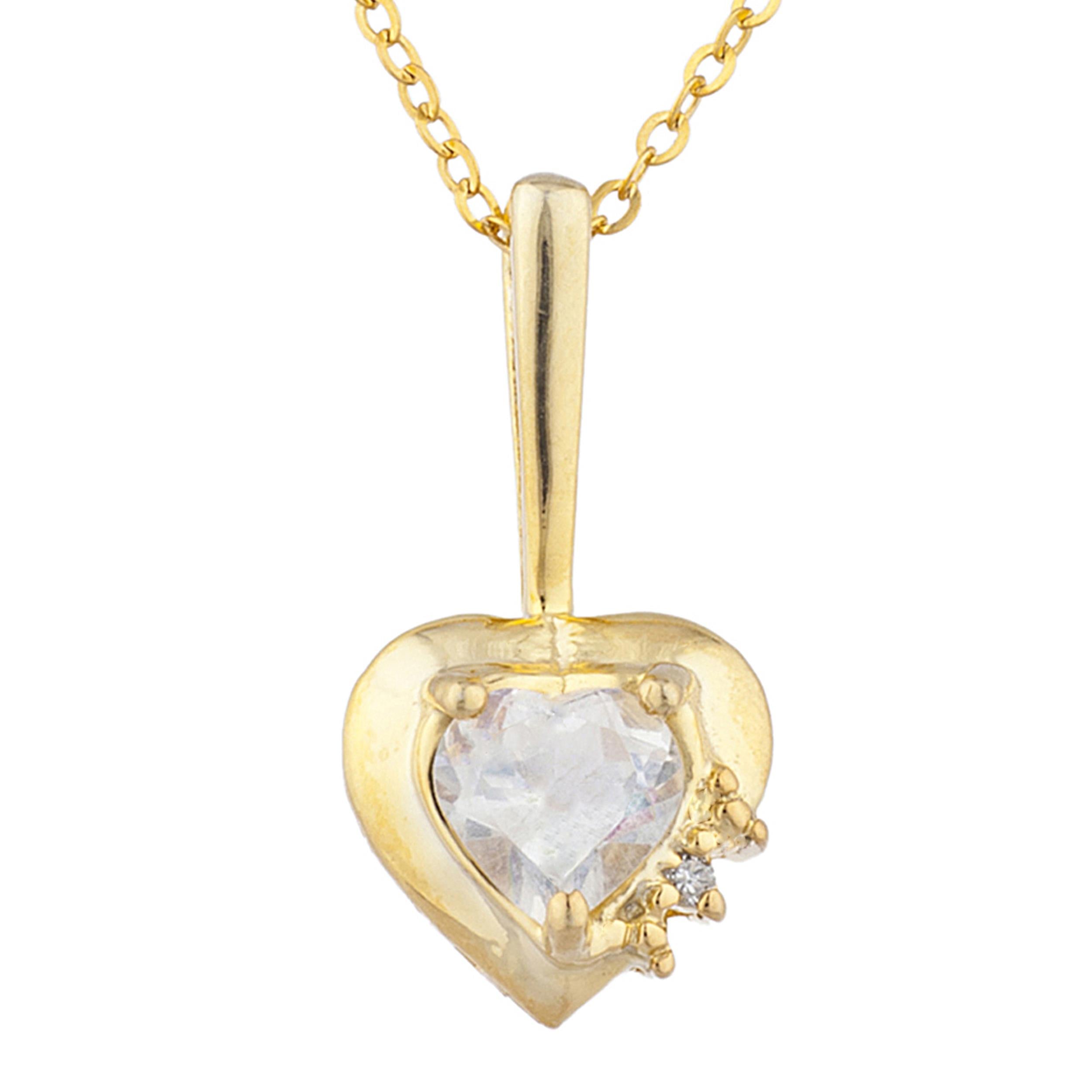 14Kt Gold White Sapphire & Diamond Heart Design Pendant Necklace