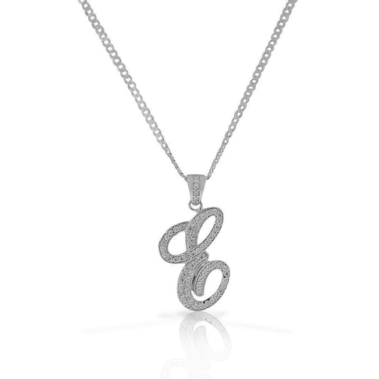 Letter E Cursive Initial CZ Pendant .925 Sterling Silver