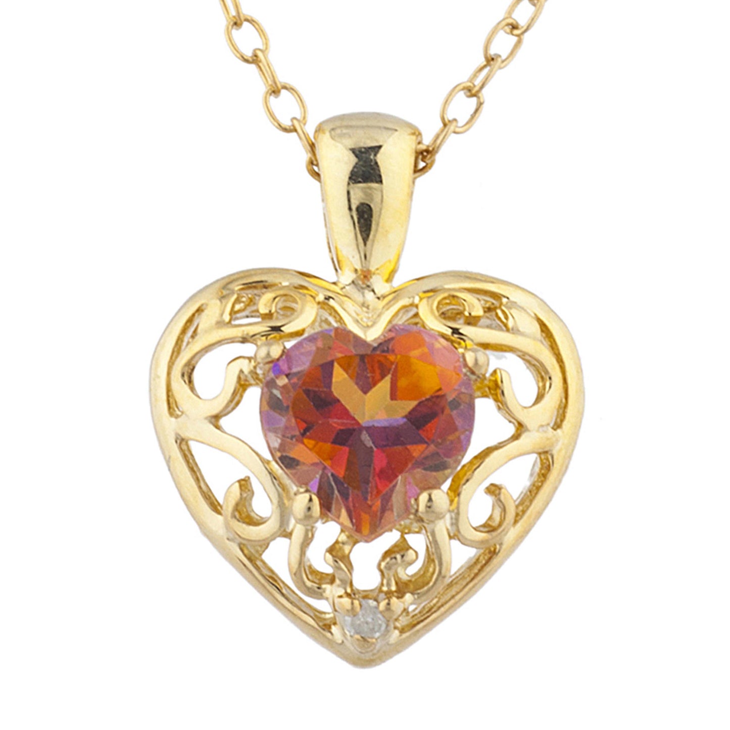 14Kt Gold Natural Ecstasy Mystic Topaz & Diamond Heart LOVE ENGRAVED Pendant Necklace