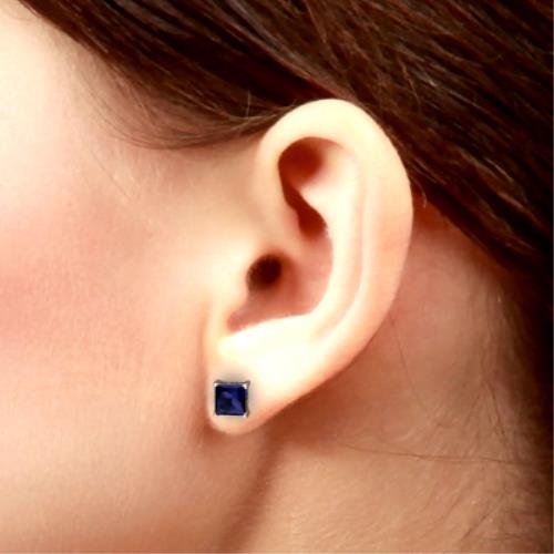 14Kt White Gold Created Blue Sapphire Princess Cut Stud Earrings