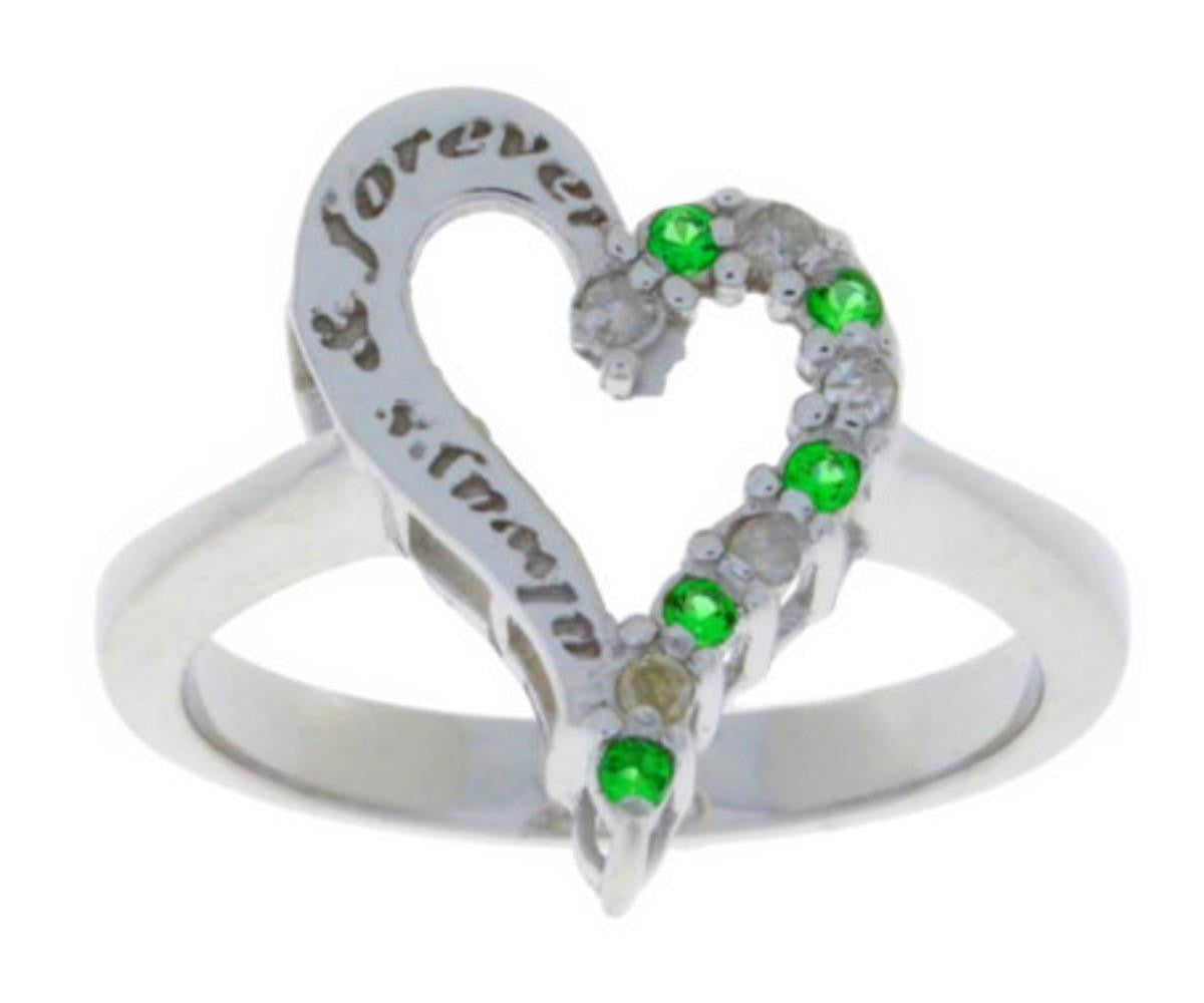 Emerald & Diamond 'Always & Forever' Engraved Heart Ring .925 Sterling Silver