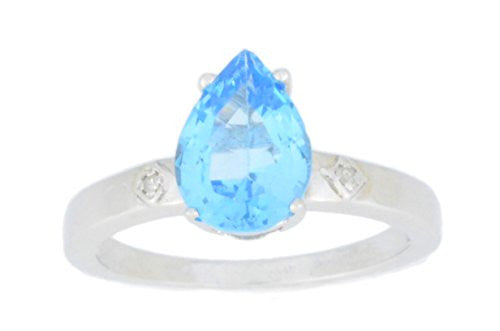 2 Ct Blue Topaz & Diamond Pear Ring .925 Sterling Silver Rhodium Finish