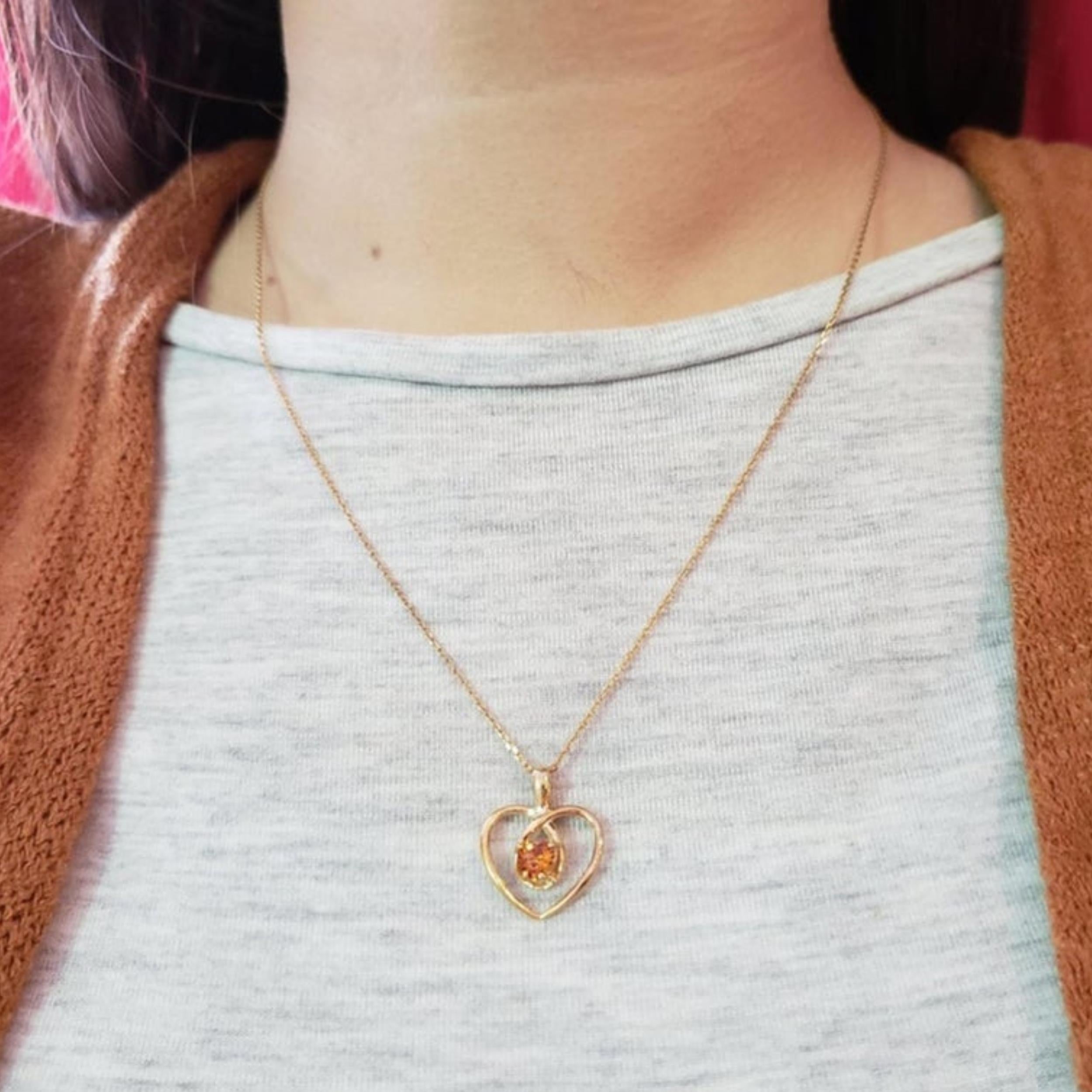14Kt Gold Orange Citrine Heart Design Pendant Necklace