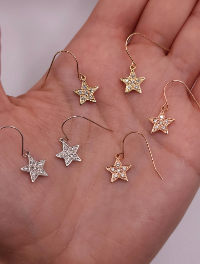 14Kt Gold Genuine Natural Diamond Star Dangle Earrings