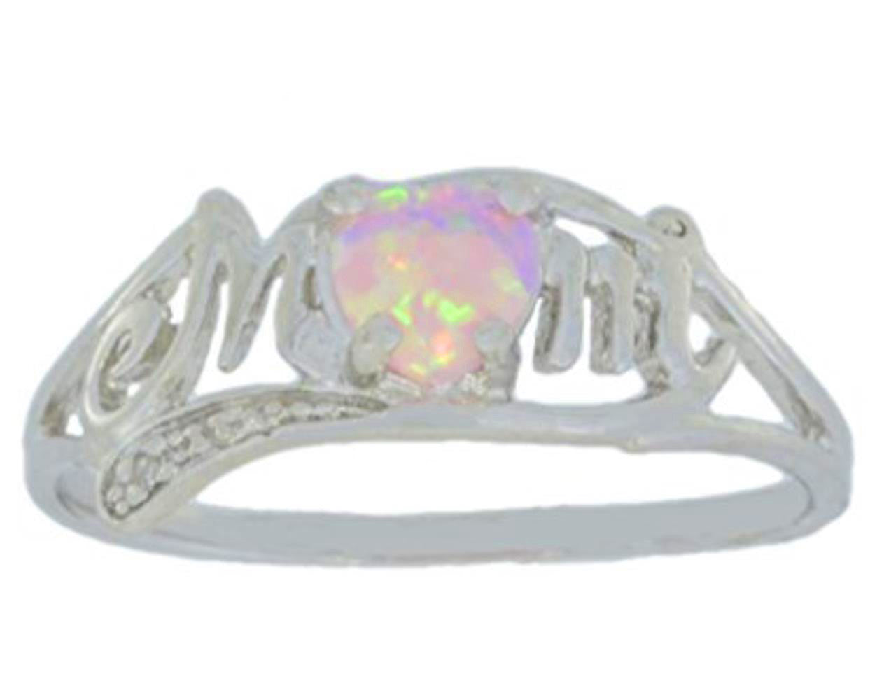 Pink Opal & Diamond Heart Mom Ring .925 Sterling Silver