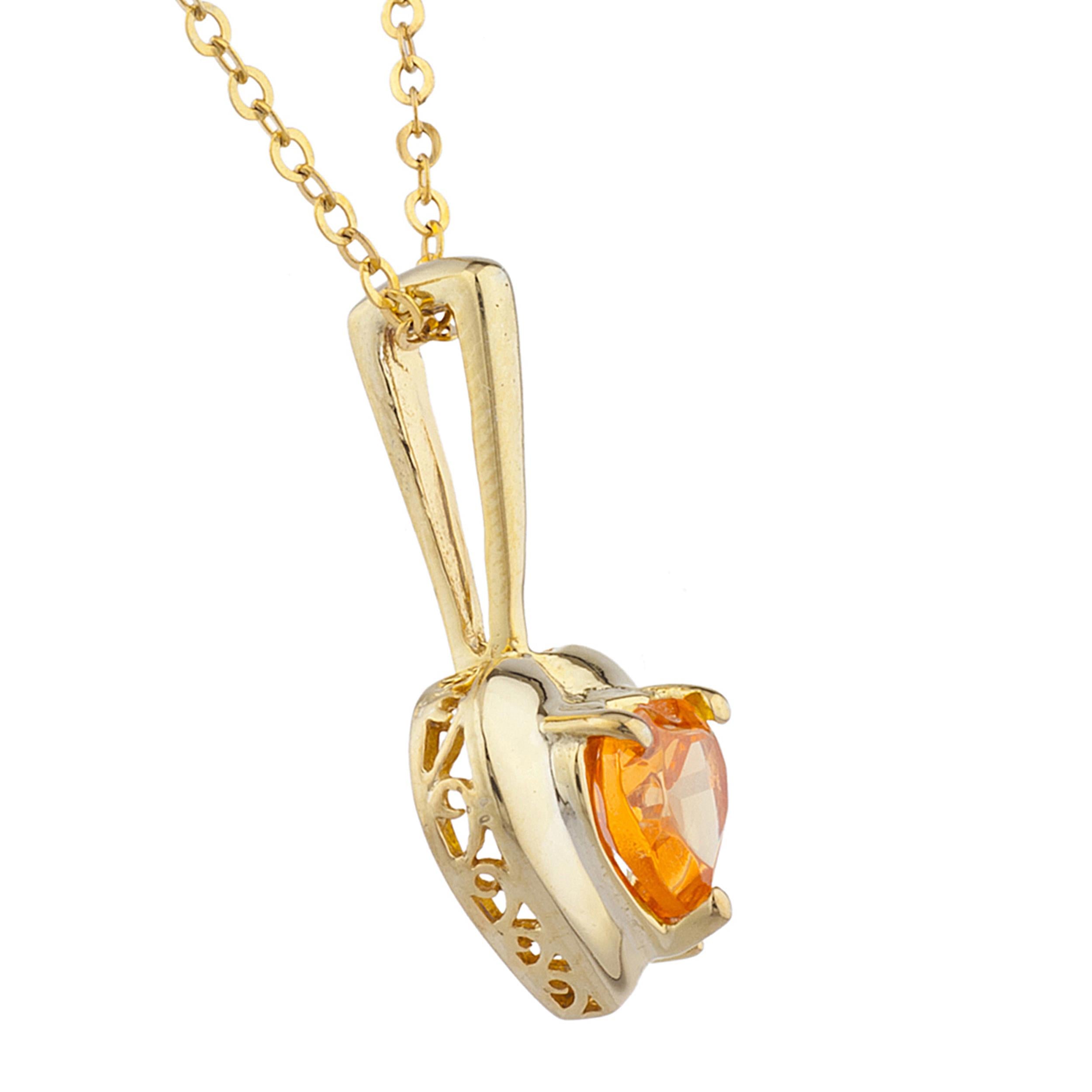 14Kt Gold Orange Citrine & Diamond Heart Design Pendant Necklace