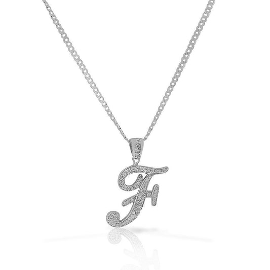 Letter F Cursive Initial CZ Pendant .925 Sterling Silver