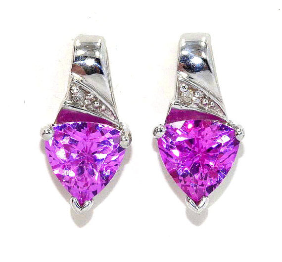 3 Ct Pink Sapphire & Diamond Trillion Stud Earrings .925 Sterling Silver