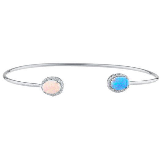 Blue & Pink Opal Diamond Bangle Oval Bracelet .925 Sterling Silver Rhodium Finish