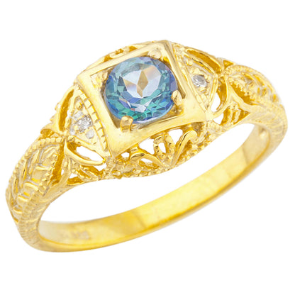 14Kt Gold Natural Blue Mystic Topaz & Diamond Design Round Ring