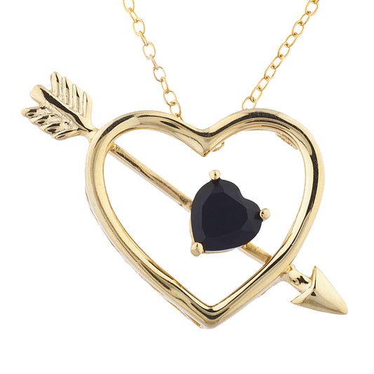 14Kt Yellow Gold Plated Genuine Black Onyx Heart Bow & Arrow Pendant