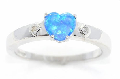 6mm Blue Opal & Diamond Heart Ring .925 Sterling Silver Rhodium Finish